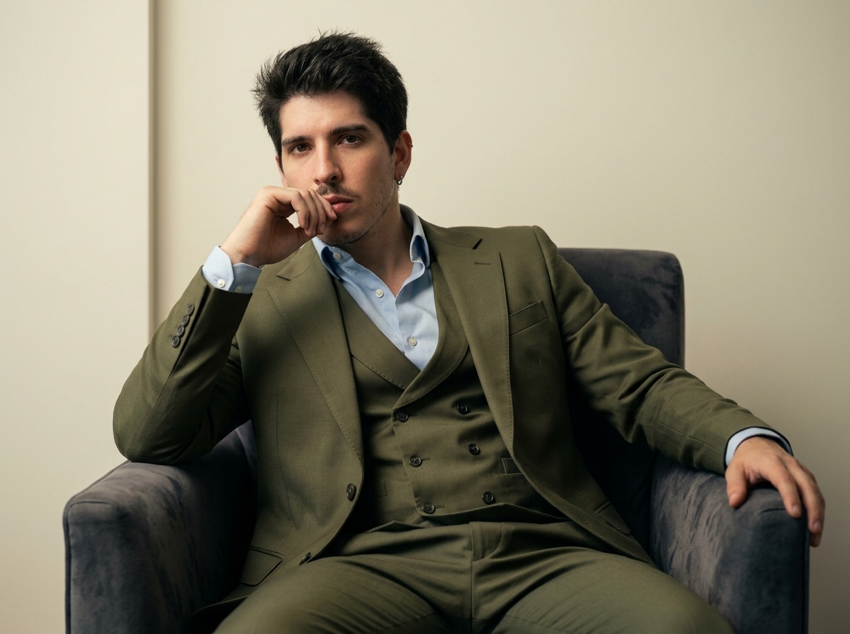 Caio Viana, Estrategista Visual, sentado em poltrona, terno verde, mão no queixo